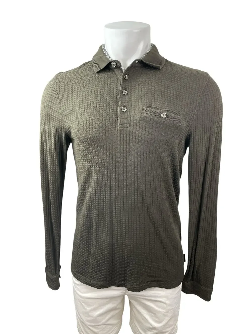 Ted Baker Men's Olive Green Long Sleeve Textured Pocket Polo Sweater Top Size S